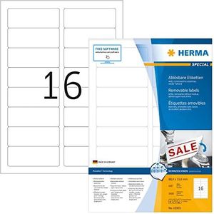 HERMA 10303 universele etiketten A4 afneembaar (88,9 x 33,8 mm, 100 velles, papier, mat) zelfklevend, bedrukbaar, verwijderbaar en opnieuw klevende etiketten, 1.600 etiketten voor printer, wit