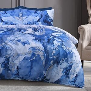 Sleepdown Metallic Marmer Sparkle Glitz Blauw Zilver Omkeerbaar Zacht Gemakkelijk Onderhoud Dekbedovertrek Quilt Beddengoed Set met Kussenslopen - Tweepersoons (200cm x 200cm)