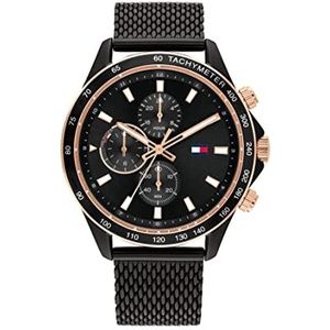 Tommy Hilfiger Analoge multifunctionele quartz horloge voor mannen met zwarte roestvrijstalen mesh armband - 1792020, Zwart, armband