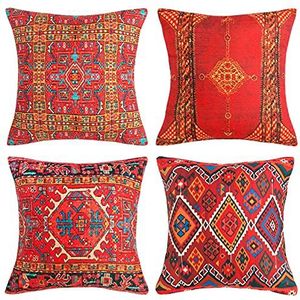 Kussenovertrek 45 x 45 cm abstract geometrisch rood bankkussen decoratief kussen kussenslopen boho retro oosterse stam kussenhoes tapijt patroon linnen sierkussenslopen voor bank bed bank stoel set