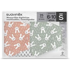 Suavinex Herbruikbare hygiënische maskers voor kinderen, gecertificeerd en goedgekeurd, 6-10 jaar, 3 lagen, 25 wascycli, gemaakt in Spanje, 2 stuks, groen en roze, 29 g