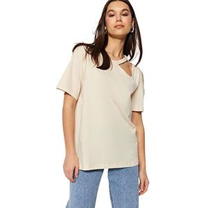 Trendyol Vrouwen Regular Off-Shoulder Asymmetrische Kraag Gebreide T-shirt, Beige, M