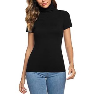 Irevial Dames T-shirt elegante basic slim fit top voor vrouwen korte mouwen met opstaande kraag, zwart, XL