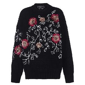 faina Dames pailletten bloem ronde hals pullover pullover sweater zwart maat M/L, zwart, M