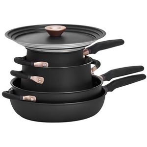 Meyer Accent Inductie Kookplaat Pan Set Non Stick - 6 Stuk Stapelbare Potten en Pannen Set met Universele Deksels & Anti Spill Vorm, Zwart, Roestvrij Staal & Non Stick