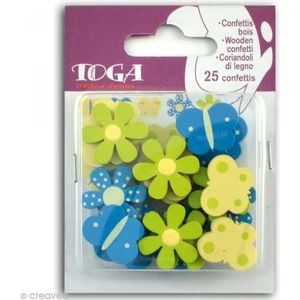 Toga Leon Vormen, Bloemen en Vlinders Hout, 7,5 x 9,5 x 1,5 cm, Blauw/Groen (Pak van 25