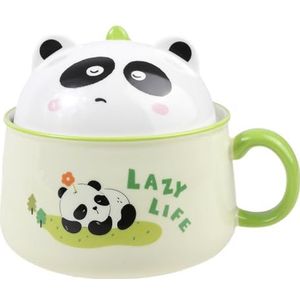 lachineuse - Aziatische ramenkom - porselein - Panda motief - 1020 ml - Met deksel en bestek - Ontbijtkom, Soep, Rijst, Instant Noedels - Cadeau-idee Azië Japan China - Groen
