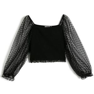 Koton Girls's Puff Sleeve Tulle Detail Crew Neck Cotton Blouse, zwart (999), 4-5 Jaar