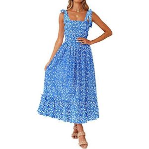 Tobrief Boho jurk voor dames, zomer, spaghettibandjes, vierkante hals, vloeiende ruches, strand, lange maxi-jurk, 01 Blauwe Bloemen, L