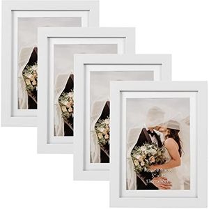 EXYGLO Set van 4 fotolijsten 13 x 18 cm met witte houtnerf lijst voor foto's van 18 x 13 cm met passe-partout of 15 x 20 cm zonder passe-partout, wand- of tafelstandaard