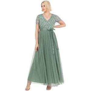 Maya Deluxe Maxi-jurk voor dames dames vlechtmeisje V-hals baljurk korte mouwen lange elegante empire-taille met riem diep mintgroen maat 22, Diepe munt, 48