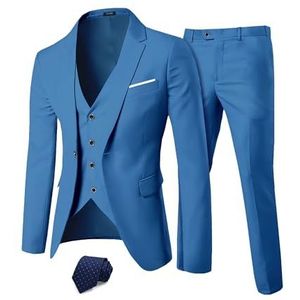 YND Men's 3 Piece Slim Fit Suit, One Button Solid Jacket Vest Pants Set with Tie, for Wedding Party Proms and Business, Light Blue