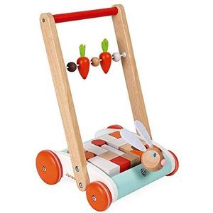 Janod Push Cart-Rabbit Head on Spring, Carrots on Abacus-with 19 Wooden Cubes-from 1 Year Old, J08251, White