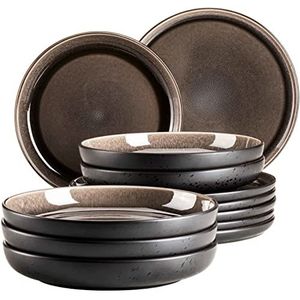 MÄSER 9314021, serie Niara, moderne bordenset voor 6 personen in spannende vintage look, 12-delig tafelservies van keramiek in grijs en zwart, steengoed
