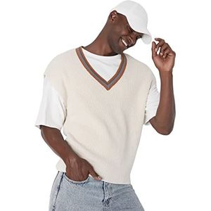 Trendyol Heren Heren Oversize Standaard V-hals Knitwear Trui Vest, Beige, XL