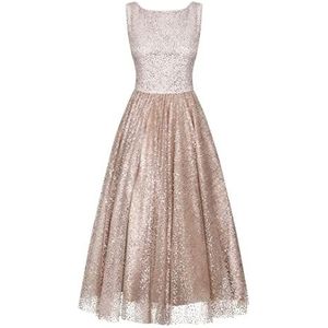 Swing Fashion Glitterjurk voor dames, feestjurk, avondjurk, cocktailjurk, baljurk, afstudeerbaljurk, bruiloftsjurk, feestelijke jurk, midi-jurk, mouwloze naaktkleur, nude, M