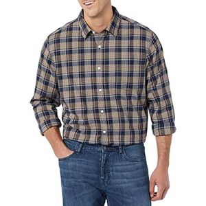 Amazon Essentials Regular-Fit Stretch Poplin overhemd met lange mouwen voor heren, goud marineblauw geruit, XS