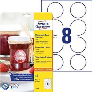 Avery Zweckform 5081 Jam Labels, A4, 80 Etiketten verwijderbaar, Ø 65 mm 10 Vellen Wit