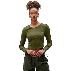 Koton Dames Lange Mouwen Crop Corset Crew Neck T-Shirt, Kaki (854), M