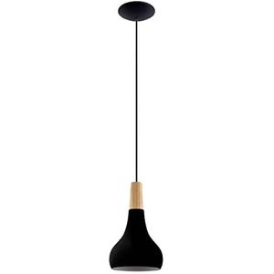 EGLO Hanglamp Sabinar, pendellamp boven eettafel, FSC100HB, lamp hangend voor woonkamer en eetkamer, eettafellamp van zwart metaal en natuurlijk hout, E27 fitting, Ø 18 cm