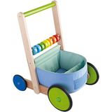 HABA 6432 - loopwagen met kleurenplezier, loophulp van hout en textiel met kleurrijke speelelementen, transportvak voor speelgoed, rem en rubberen wielen, vanaf 10 maanden