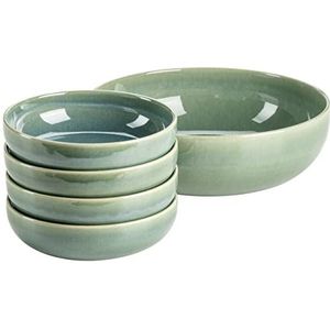 MÄSER Serie Elina Uno, moderne 5-delige bowl-set van keramiek met onregelmatig effectglazuur, 1 kom groot en 6 schalen voor salade, muesli of soep, aardewerk, strand