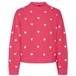PCPAYA LS EMB HIGH Neck Knit BC, Rouge Red/Detail: witte hartjes, S