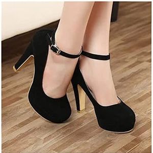 Generic Schoenen met hoge hakken, damesschoenen, hoge hakken, dikke schoenen met gesp, plateaupumps, ronde neus, platte werkschoenen, maat 38, zwart