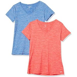 Amazon Essentials Dames Tech Stretch T-shirt met korte mouwen en V-hals (verkrijgbaar in grote maten), 2-Pack, Koraaloranje Ruimteverf/Lichtblauw Ruimteverf, XXL