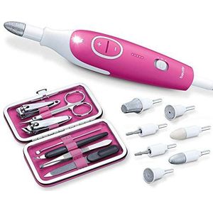 Beurer MP 44 manicure-/pedicureset, elektrische nagelverzorgingsset met 7 opzetstukken, LED-licht, incl. handmatige nagelset, met opbergtas, roze/roze