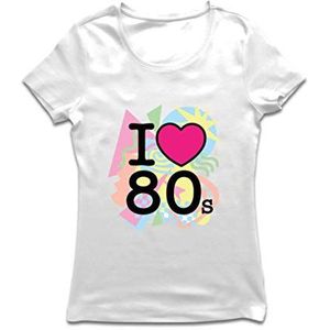 lepni.me T-shirt voor dames Ik hou van 80s Ouderwets Band Concert Kleding Muziek Merch (M Wit Veelkleurig)