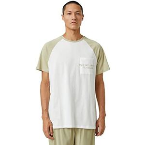 Koton Heren Slogan Geborduurd T-shirt Raglan Sleeve Crew Neck Pocket Gedetailleerd, ecru (021), XL