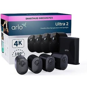 Arlo Ultra 2 draadloze WiFi-beveiligingscamera voor buiten, 4K UHD, 180˚ kleurennachtzicht, sirene, bewegingsdetectie, 2-weg-audio, Smart Hub inbegrepen, incl. proefp. Arlo Secure, 4 cam-kit, zwart