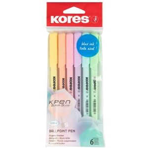 Kores - K0R-M: balpennen met blauwe semi-gelinkt in pastelontwerp, 1 mm medium point biro voor glad schrijven, driehoekige ergonomische vorm, school- en kantoorbenodigdheden, 6 stuks