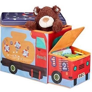 Relaxdays speelgoedkist, poef met deksel, speelgoed, kist, opvouwbaar, jongens & meisjes, bus design, 50 L, blauw/rood