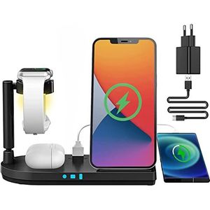 Dreu Draadloze oplader met licht, 3-in-1 inductief laadstation, opvouwbaar, draadloze oplader, compatibel met iPhone 14, 13, 12, 11/Pro Max/XS/XR/X/8/8+, iWatch 8/7/6/SE/5/4/3/2, Air-Pods Pro/2/3