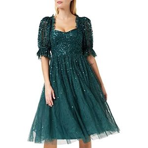 Maya Deluxe Damesjurk, midi-pailletten, versierd, frilly sweetheart, neklijn, gepofte mouwen, voor bruiloft, gast, gala, avondjurk, emerald green, 56 NL