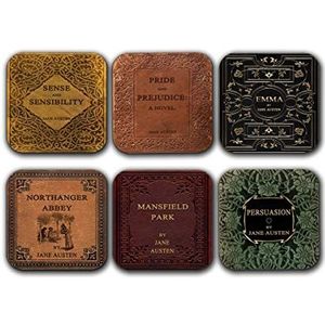 6 onderzetters met complete romans van Jane Austen Zes koffiemok onderzetters met complete romans van Jane Austen's Book Designs. (Boektitel)