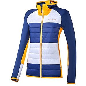 Black Crevice Hybride damesjas, elastisch sportjack voor dames, van 85% nylon en 15% elastaan, ademende functionele damesjas, isolerende hybride damesjas, tourjas, blauw/goud, 36