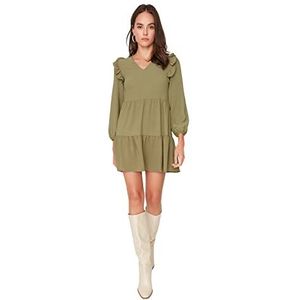 TRENDYOL Dames Woman Mini A-lijn V-hals Woven Dress Jurk, Kaki, 42