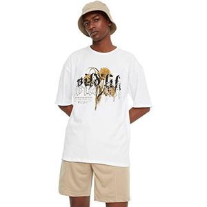 Trendyol Men's Lege mannen ontspannen pasvorm ronde kraag korte mouwen print T-shirt, wit, klein