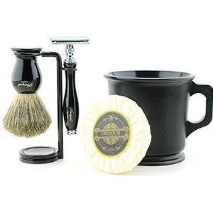 Haryali Londen scheerset, scheermesje, scheerborstel, scheerstandaard, scheerzeep, scheerschaal, 5-delige scheerkwastenset, echt scheerpenseel, zwart scheermesje