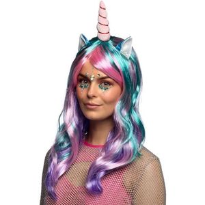 Boland 85818 - Pruik Unicorn Daydream, met oren en hoorn, lang golvend haar, eenhoorn, carnaval, halloween, themafeest, vermomming, theater