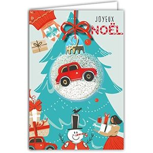 Afie 61-6040 Wenskaart Vrolijk Kerstmis met envelop en collage in de auto, rood, sneeuwbol, goudkleurig, glanzend, fonkelend, geschenken aan de voet van de kerstboom, watergroen, sneeuwpop