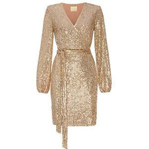 Swing Fashion Mini-jurk voor dames, elegante jurk, feestelijke jurk, feestjurk, avondjurk, bruiloftsjurk, glanzende jurk, korte jurk, glitterjurk, sexy lange mouwen, goud, maat 36 (S), goud, S