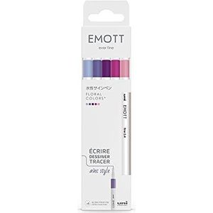 Emott - Uni Ball - Uni Mitsubishi Pencil - zakje met 5 bloemenkleuren - om te schrijven, tekenen, tekenen met stijl! - fijne punt 0,4 mm - paars, lila, snoeproze, felroze, marinenevel