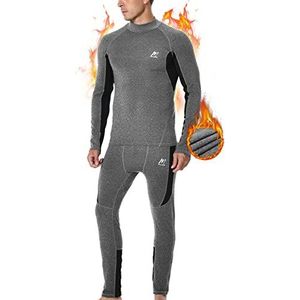 MeetHoo Thermo-ondergoed voor heren, met fleece gevoerde basislaag met hoge hals, compressie, lange onderbroek voor winter, hardlopen, skiën, Grijs, L