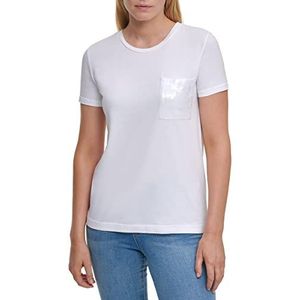 DKNY Dames Sequin Pocket T-Shirt, wit, XS