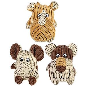 M.O.P Soft Pluche Puppy Hondenspeelgoed, Set van 3 Wildlife Cord Sterke Piepende Angst Hond Puppy Speelgoed - Neushoorn Olifant & Beer