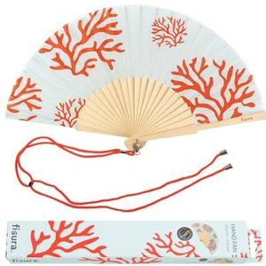 Fisura - Ventilator voor de zomer. Origineel met ijs print. Moderne houten waaier. Roze waaier. Afmetingen: 42,5 x 23 cm. Materiaal: Hout en textiel.